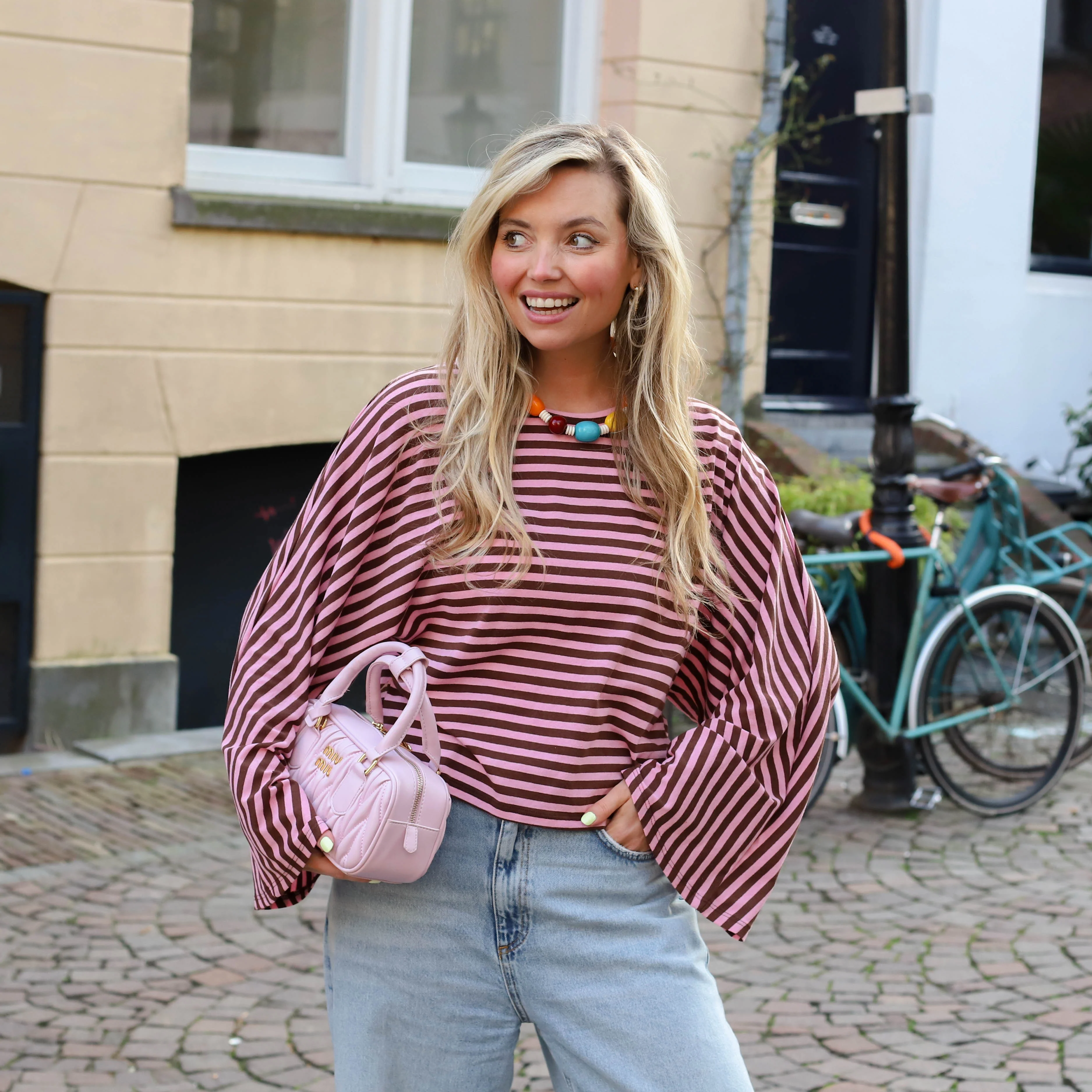 Bella streep shirt roze bruin - Image 3