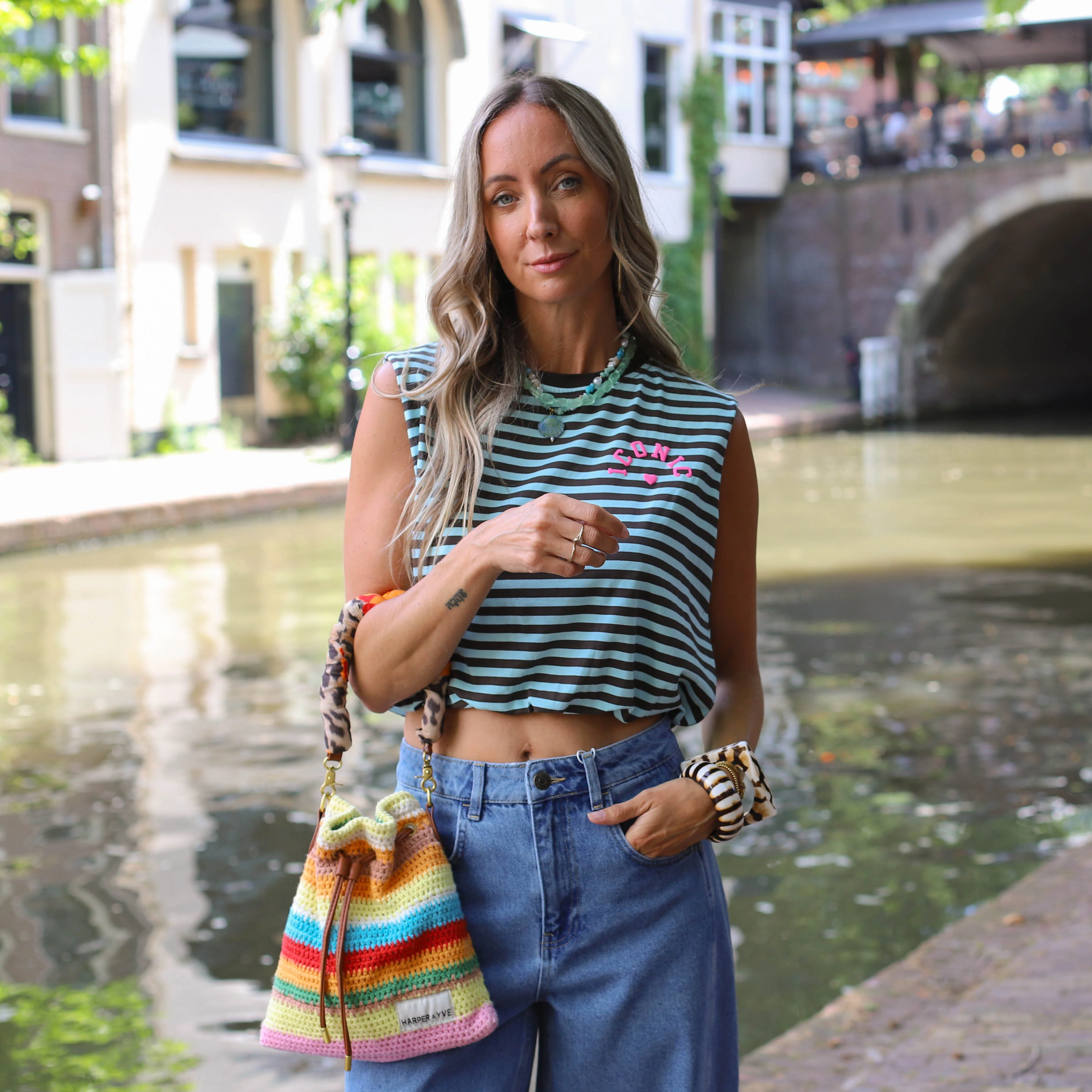 Iconic streep top blauw bruin