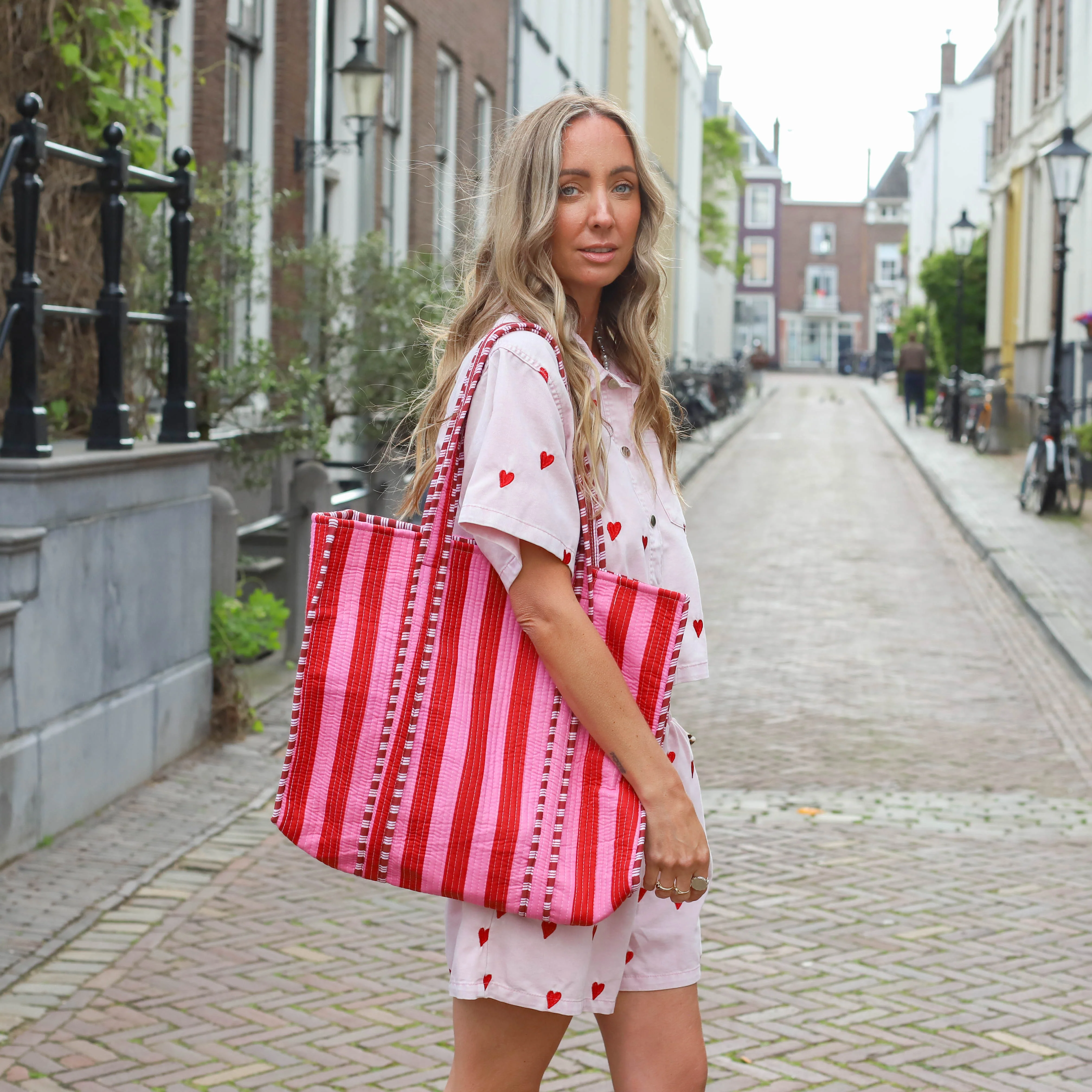 Katoenen beach bag roze rood strepen - Image 2