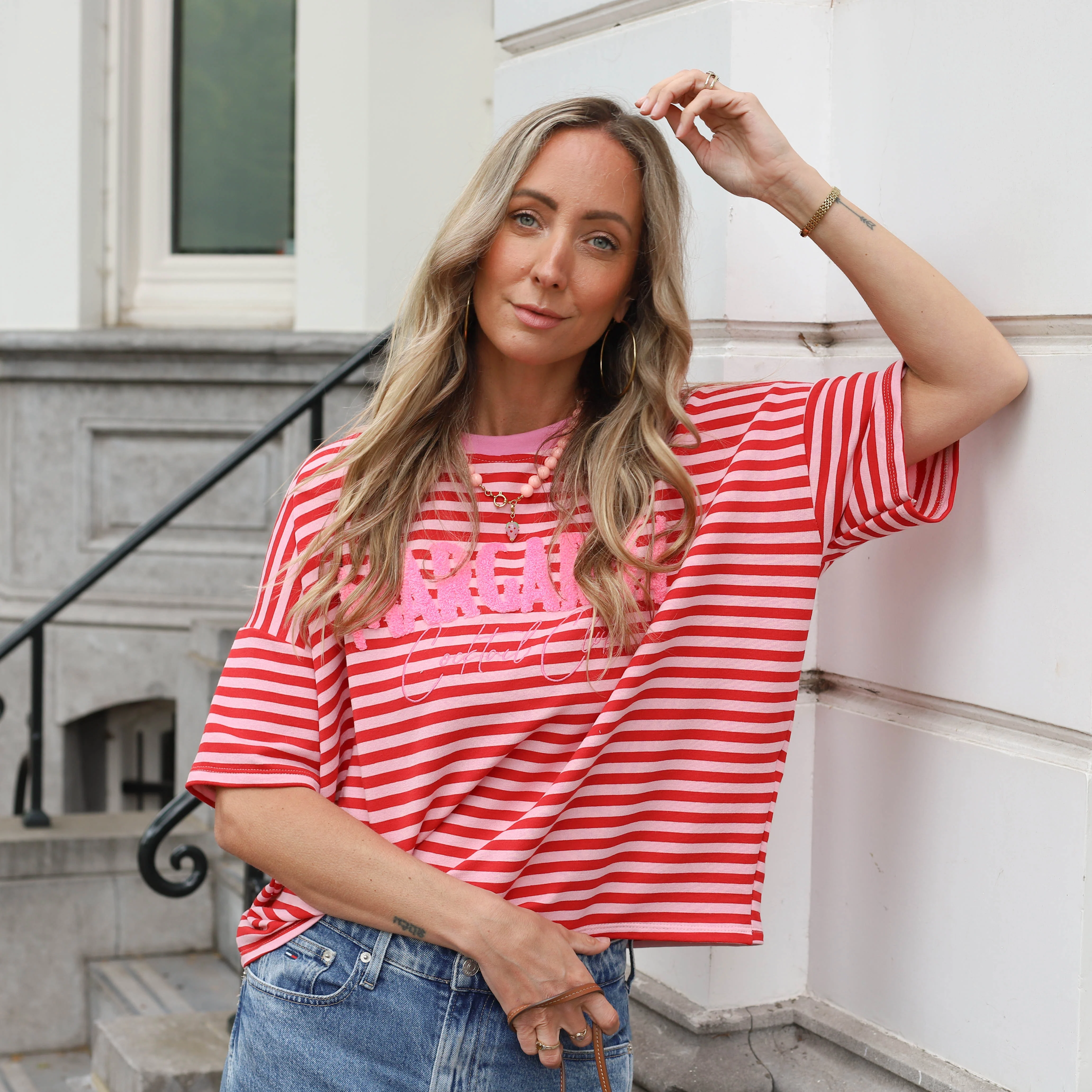 Margaritha tee streep roze rood - Image 4