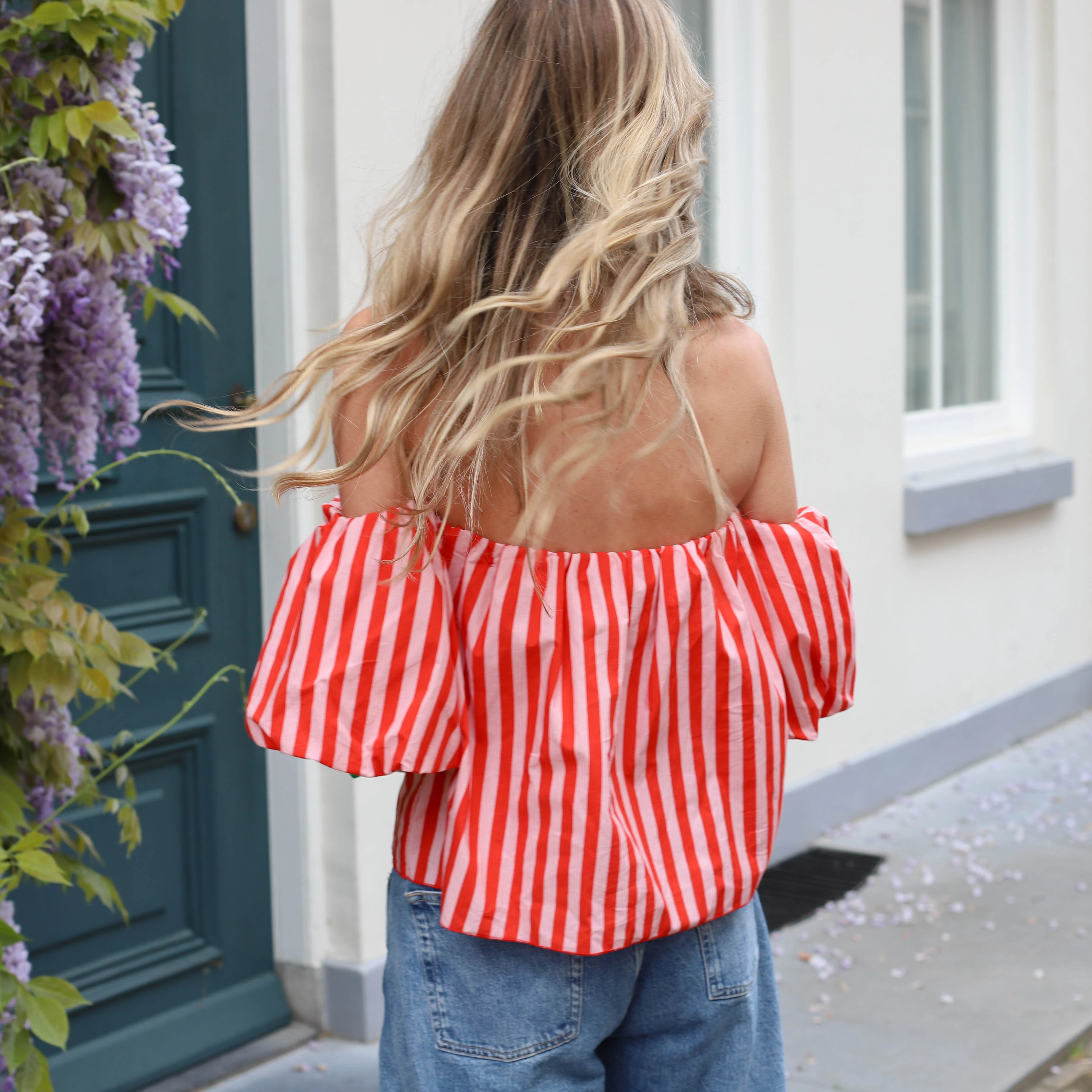 Off shoulder streep top koraal roze - Image 3