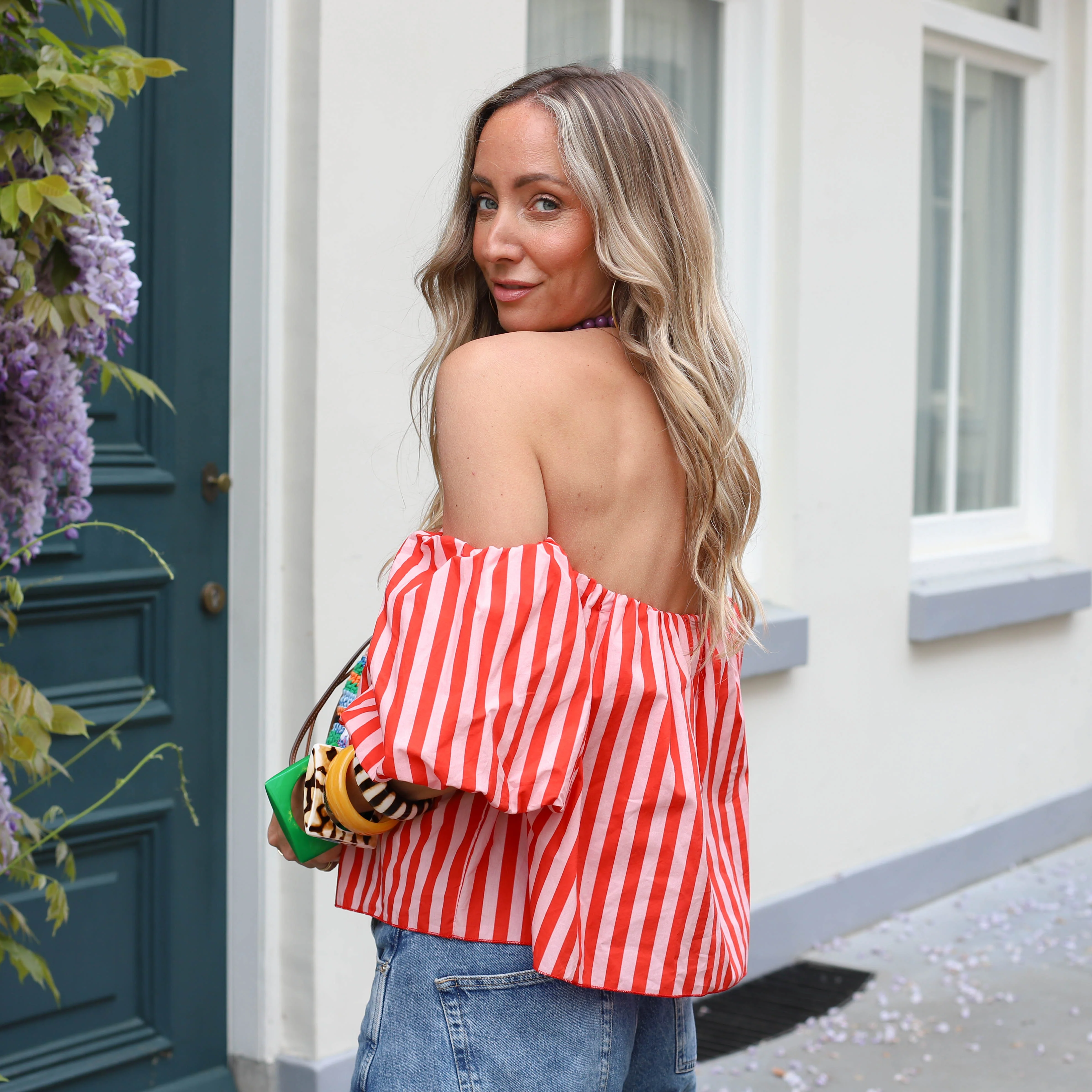 Off shoulder streep top koraal roze - Image 4