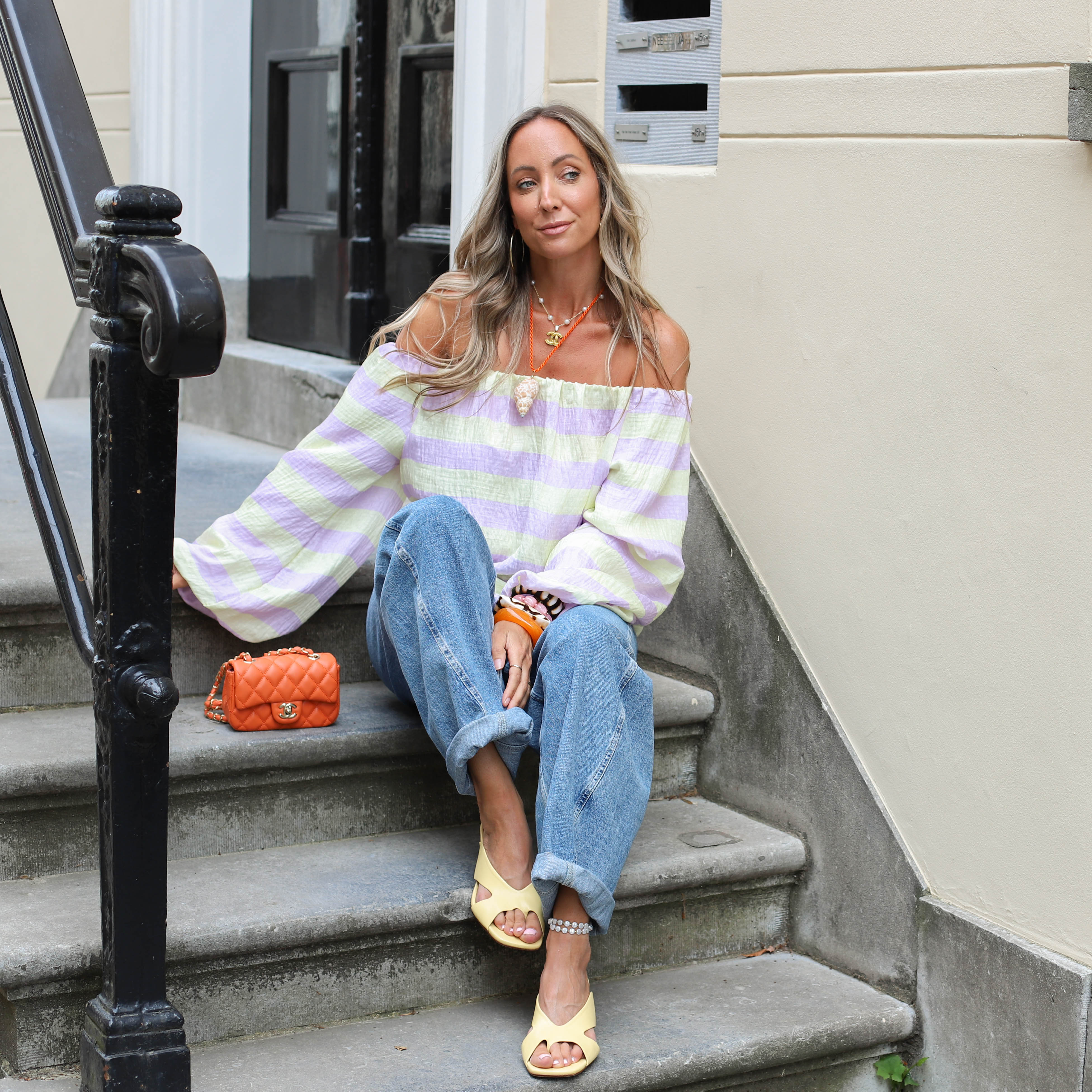 Off shoulder streep top lila geel - Image 3
