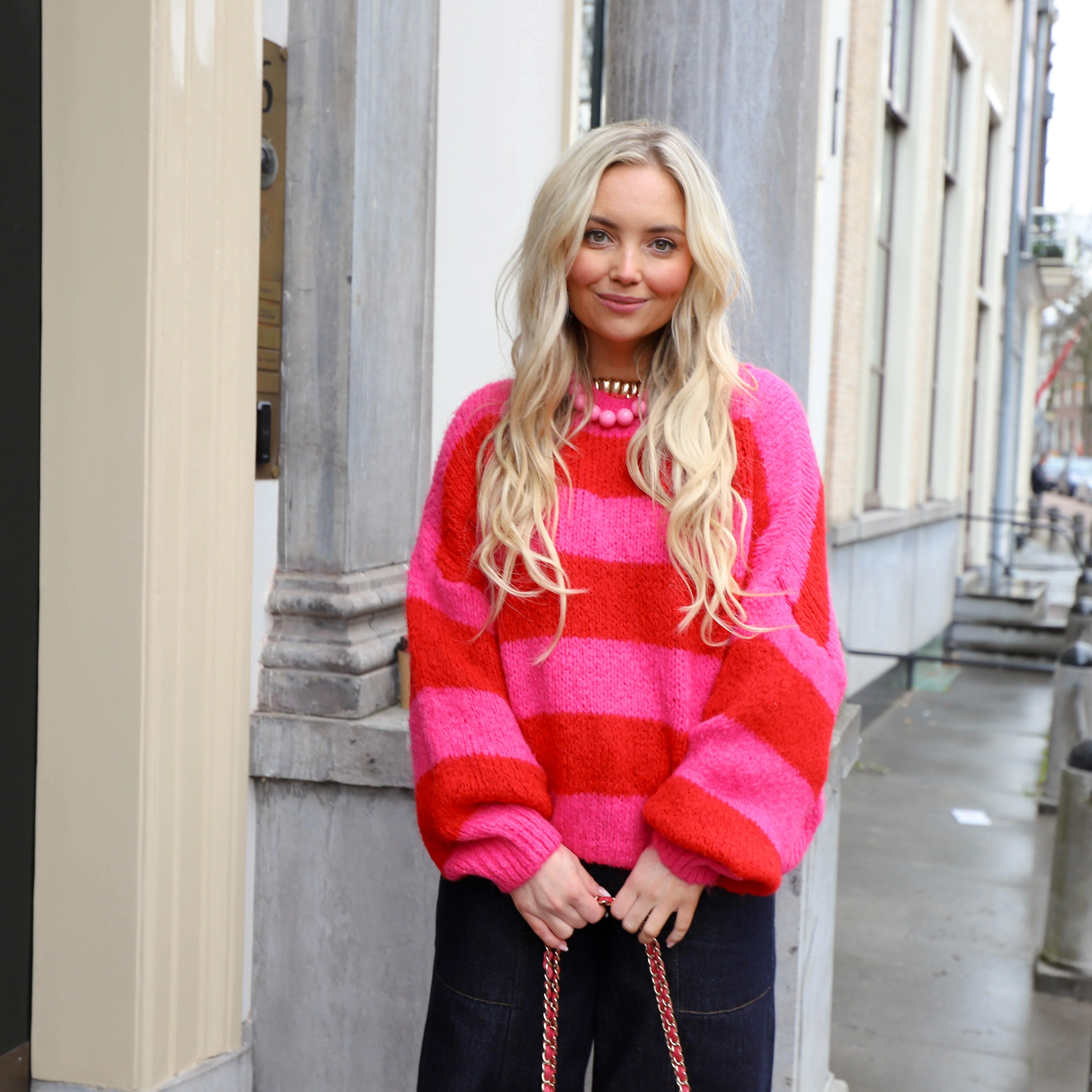 Streep knit fuchsia rood - Image 5